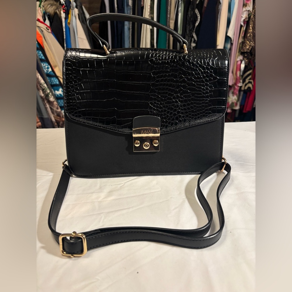 IMAN Elegant Black Croc-Embossed Handbag